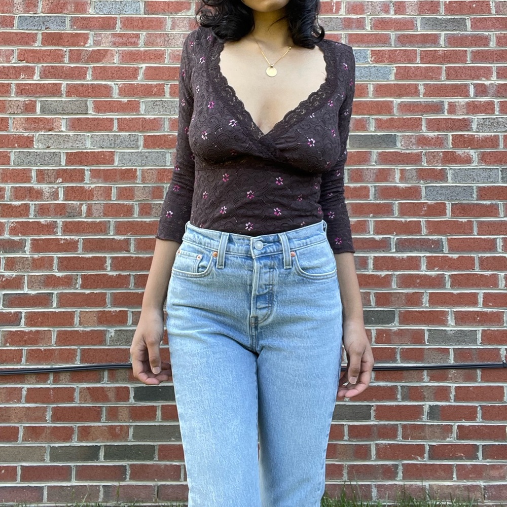 MANDEE y2k chocolate brown floral lace top